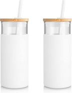 Tronco 20 oz Glass Tumbler With Lids and Straws, Glass Water Bottle Silicone Protective Sleeve, Iced Coffee Cup With Bamboo Lid, Reusable Smoothie Cup, BPA Free (White 2 Count)