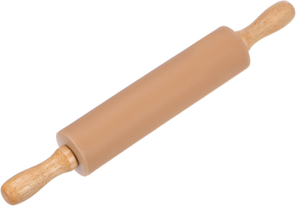 HARFINGTON Silicone Rolling Pins for Baking 12.2 Inch Non-Stick Silicone Surface Wooden Handle Rolling Pin Small Roller Playdough Rolling Pins for Fondant Kitchen Dough Pizza, Brown