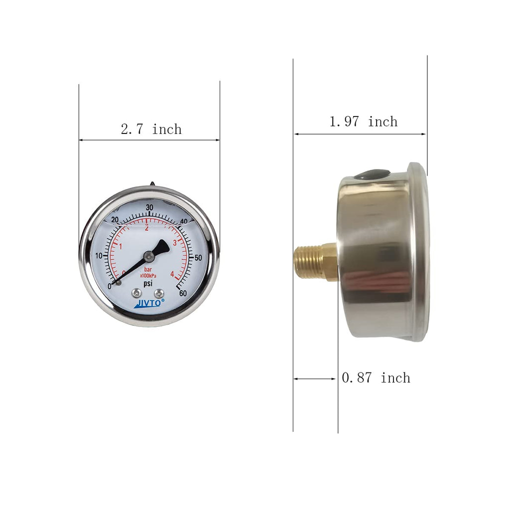Pressure Gauge,Liquid Filled,2 1/2" face Dia,0-60 psi/bar/kpa,1/4" NPT Back Mount, Polycarbonate Lens Window, Stainless Steel case