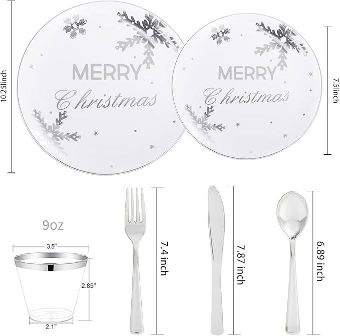KIRE 25 Guest Christmas Plates - White Plastic with Silver Snowflake Design, Disposable Silverware & Clear Cups for Christmas Party Supplies