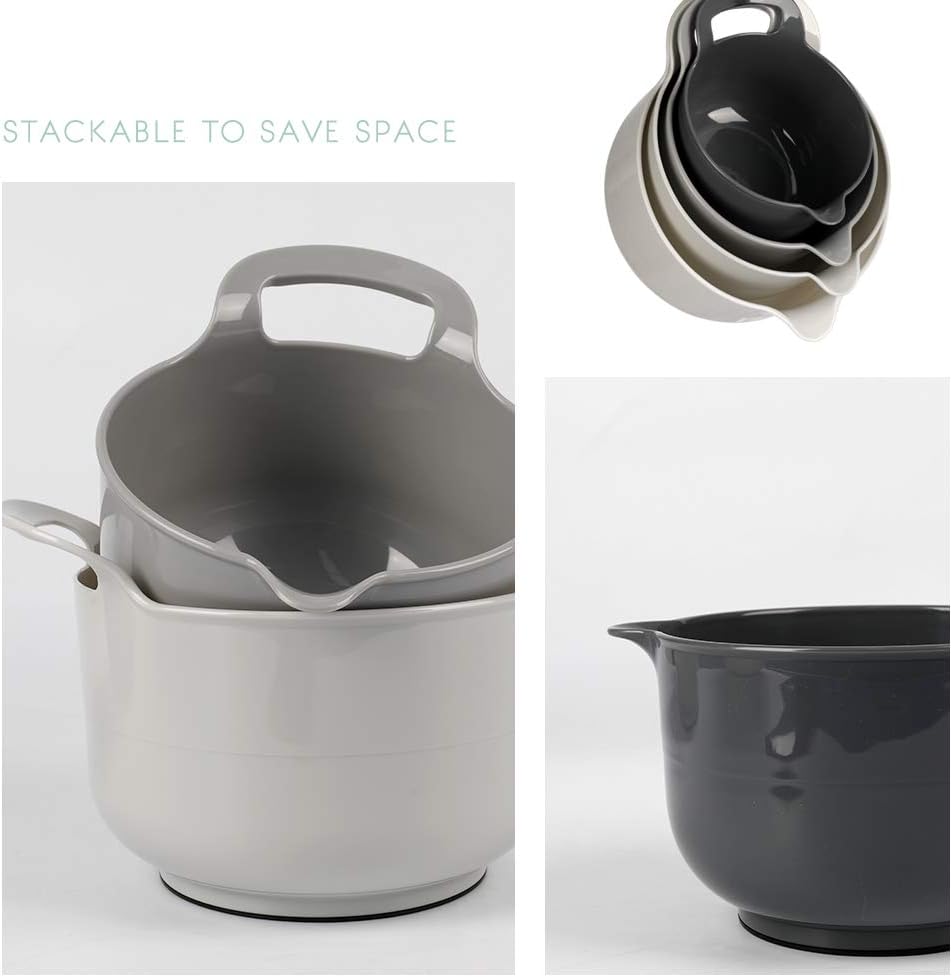 BoxedHome 4 Pack Nesting Mixing Bowl with Pour Spout and Handle, BPA free Microwave & Dishwasher Safe(Grey, 4 Pack with Handle)
