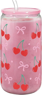 Cherry 16 Oz Can Glass Tumbler with Acrylic Lid and Straw - Iced Coffee Cups for Women, Aesthetic Glass Cup Gift for Birthday Christmas