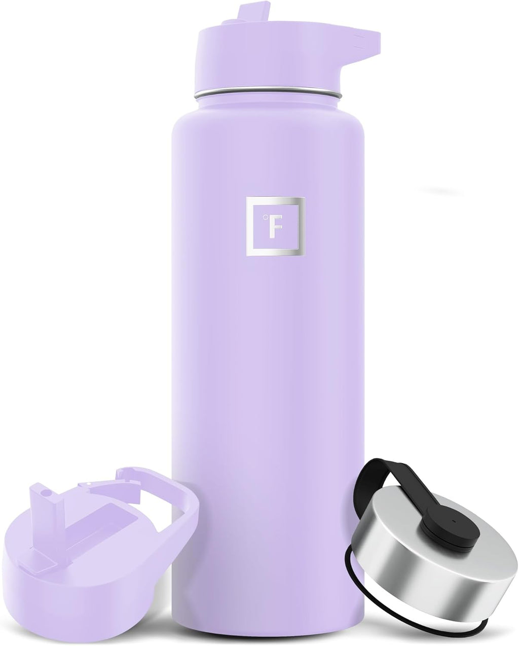 IRON °FLASK Camping & Hiking Hydration Flask with 3 Lids - Stainless Steel, Double Walled & Vacuum Insulated Water Bottle - Leak Proof & BPA Free (Lavender, Straw - 40 oz)
