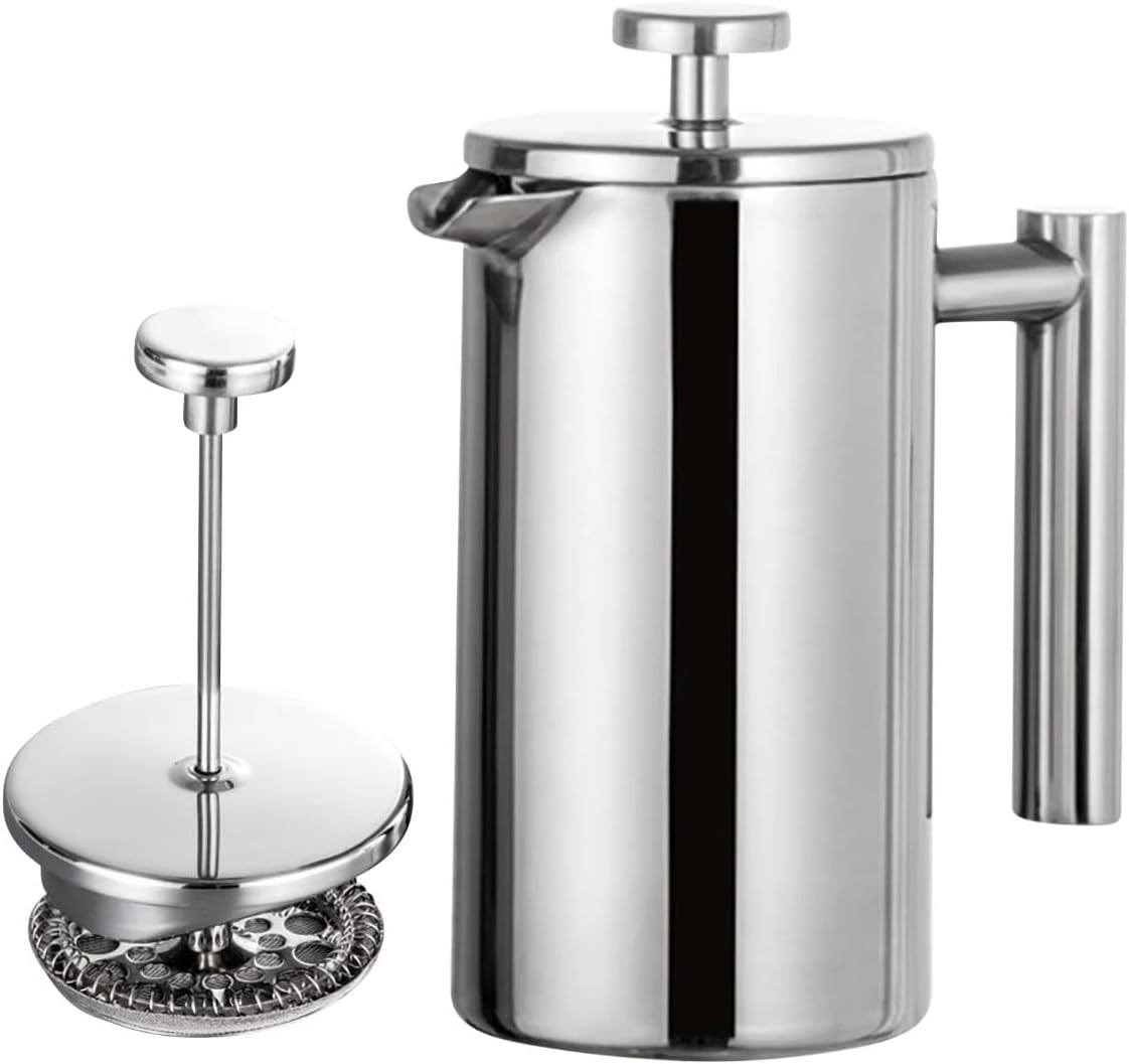 French Press Coffee Maker,Stainless Steel Double Wall Insulated Coffee Press 34 oz,4-8 Cups, Portable Hot Cold Brew Teapot Cafetera for Coffee Bar Accessories Kitchen Camping (White,34oz)
