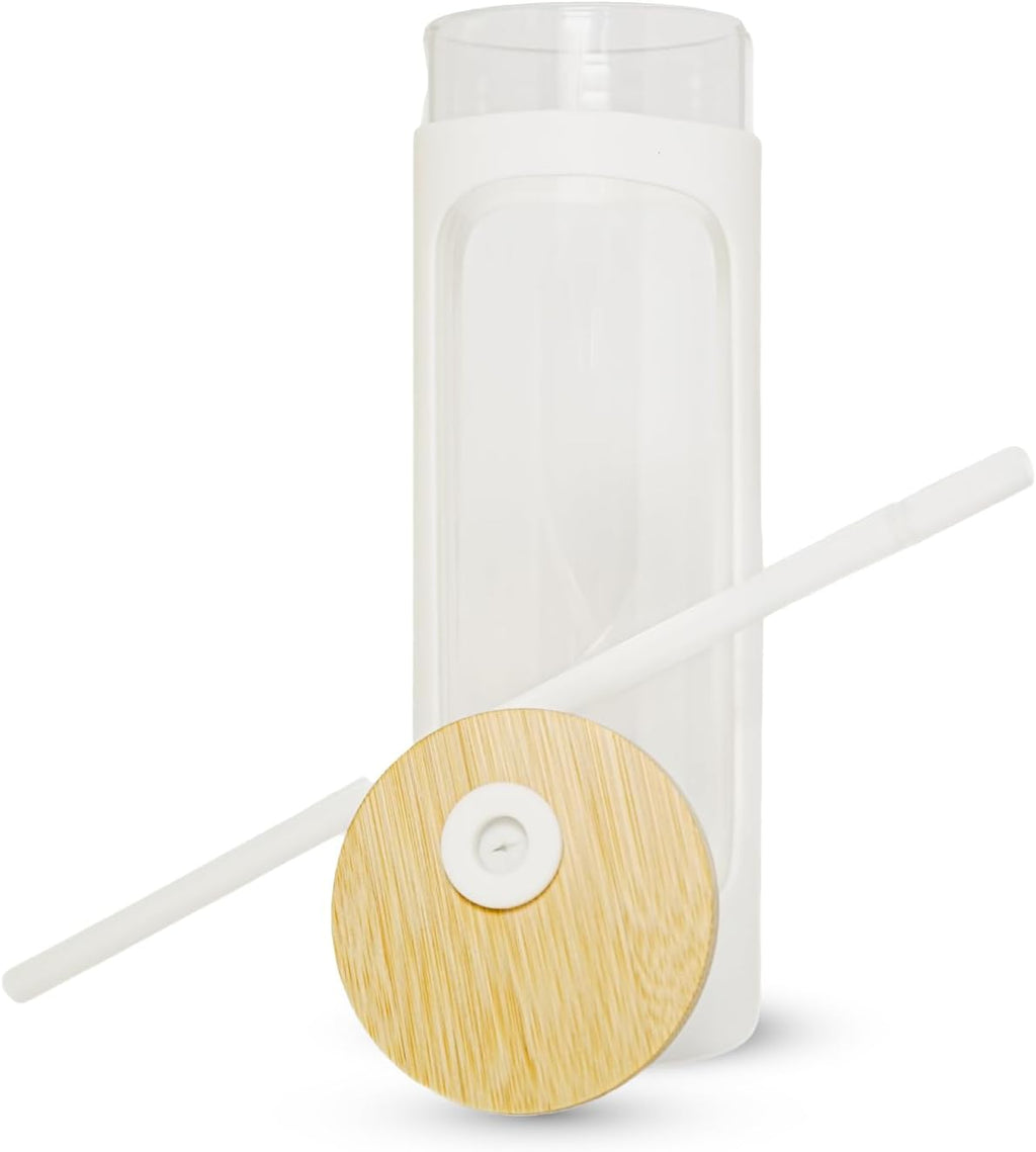 haelo 20oz Glass Tumbler Water Bottle, Iced Coffee Cup with Straw, Silicone Protective Sleeve, Bamboo Lid Reusable BPA Free (White)