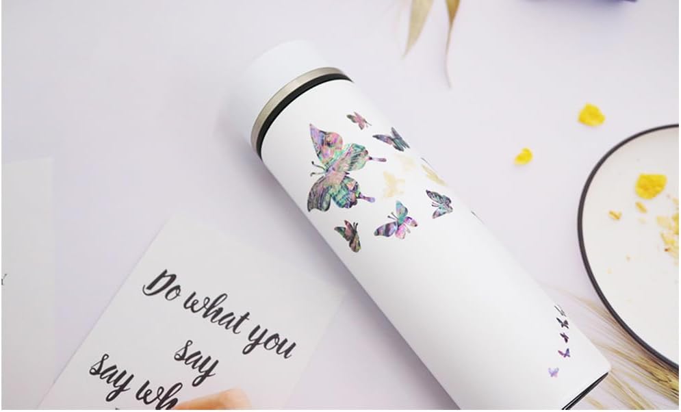 Mother of Pearl Design Stainless Steel Water Bottle with Tea Infuser Strainer 17 oz Leakproof Screw Cap Wide Mouth Double Wall Vacuum Insulated Travel Sport Water Flask Thermo Mug (Butterfly White)