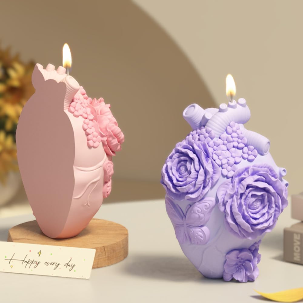 Anatomical Heart Silicone Resin Mold for Candle Soap – 3D Floral Human Organ Mold with Roses and Butterfly for Aromatherapy Wax Crafts DIY Gothic Romantic Gifts