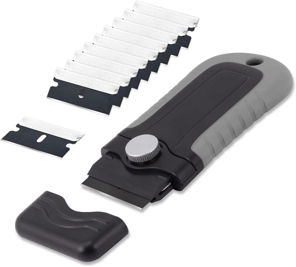 Gomake Locking Razor Blade Scraper with Safety Cap, Glass Cooktop Scraper with 10PCS Black Carbon Steel Blades for Glass Clean, Paint and Old Label,Decal Sticker Remover, Stove Top Scraper Tool