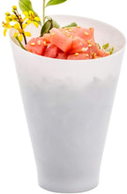 Restaurantware 7 Ounce Plastic Glasses 100 Round Incline Shooter Cups- Disposable Small White Plastic Round Bowls Unique Design For Soups Appetizers Or Desserts