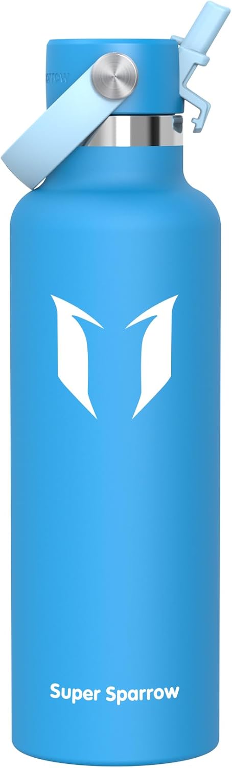 Super Sparrow Insulated Water Bottle - 17 Oz / 25 Oz / 32 Oz - Standard Mouth FlipFlow Flask - BPA Free, Leak Proof Drink Bottle- Ergonomic Straw Water Bottles for Work, Gym, Travel, Sports