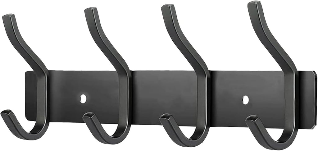 Wall Hooks Heavy Duty, 12 Inch Coat Rack Wall Mount with 4 Hooks, Black Wall Hooks for Hanging Backpack, Bag, Purse, Clothes, Hat, Coat, Towel | Entryway & Bathroom Storage Organization Hanger