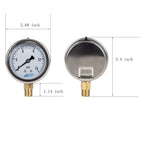 Pressure Gauge,Glycerin Liquid Filled,2.5" Dia,0-15 psi(Single Scale),1/4" NPT Brass Connection,Lower Mount, Stainless Steel Case,for Pneumatic,Pump,Hose,Well Tank,Gas Air Water Oil