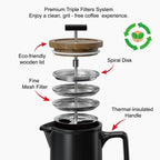 DHPO Ceramic French Press Coffee Maker, 22 Ounce Coffee Press Manual Brewer with Walnut Wood Lid, Premium Food Grade Stainless Steel Filter with Dual Screen for Coffee and Loose Tea, Gift Box, Black