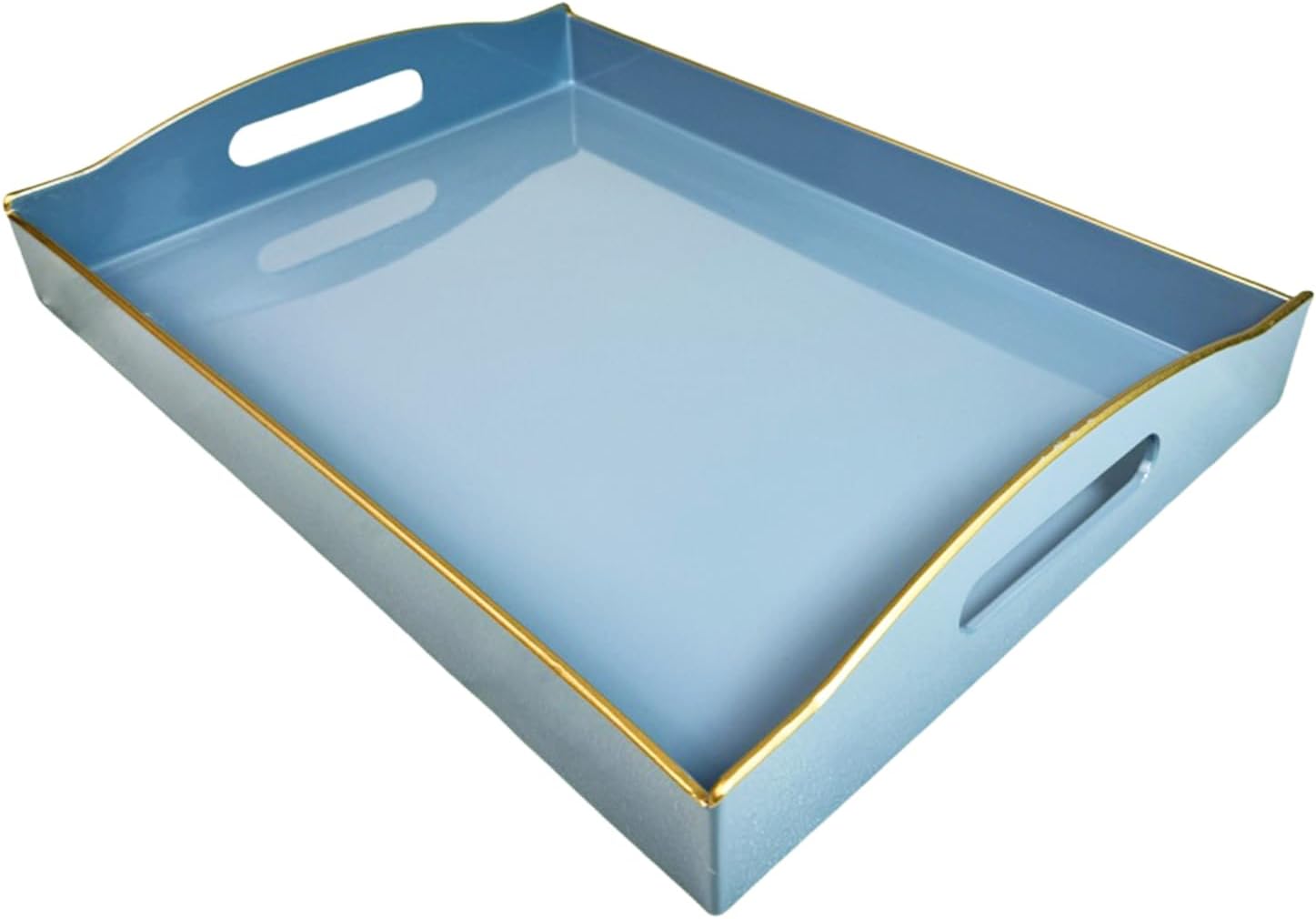 Blue Serving Tray with Handles, Plastic Decorative Tray for Coffee Table, Ottoman - Ideal for Living Room & Bathroom. 15” x 11” x 2.5”
