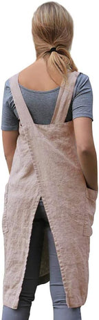 Women's Pinafore Square Apron Baking Cooking Gardening Works Cross Back Cotton/Linen Blend Dress with 2 Pockets