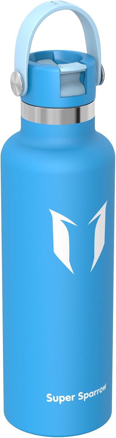 Super Sparrow Insulated Water Bottle - 17 Oz / 25 Oz / 32 Oz - Standard Mouth FlipFlow Flask - BPA Free, Leak Proof Drink Bottle- Ergonomic Straw Water Bottles for Work, Gym, Travel, Sports