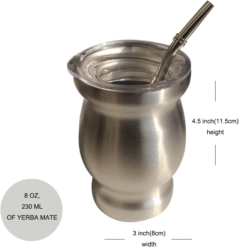 Beruth Bombilla Yerba Mate Gourd, 8oz Stainless Steel Tea Cup Set with Lid, Two Straws and Cleaning Brushes, Double Walled Coffee Mug Heat Insulation Anti Scalding （Bright Silver）