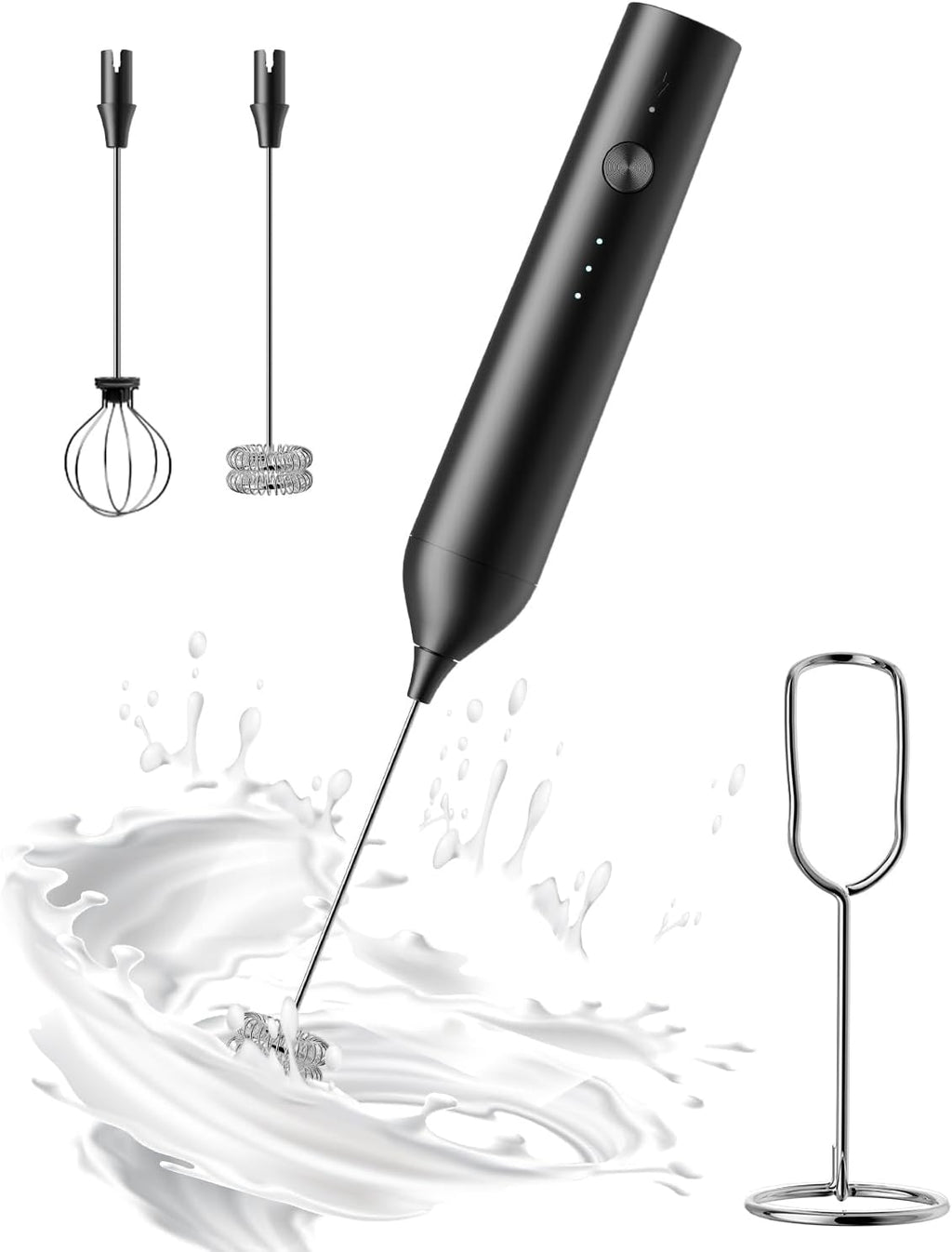 Rechargeable Milk Frother with Stand, Electric Frother Wand Handheld Coffee Foam Maker Detachable Stainless Steel Whisk Drink Mixer Foamer for Latte, Cappuccino, Hot Chocolate, Egg (Black)