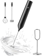 Rechargeable Milk Frother with Stand, Electric Frother Wand Handheld Coffee Foam Maker Detachable Stainless Steel Whisk Drink Mixer Foamer for Latte, Cappuccino, Hot Chocolate, Egg (Black)