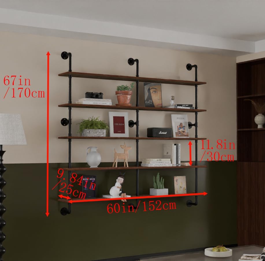 Industrial Pipe Shelf Shelving Bookcase, Wall Mounted Rustic Bookshelf 60 Inch, Floating Bookshelves for Wall,Retro Wood Metal Pipe Industrial Shelves for Living Room