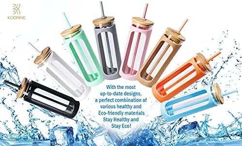 Kodrine 20oz Glass Water Tumbler with Straw and Lid, Bamboo Lids Water Bottle, Iced Coffee Cup Reusable, Wide Mouth Smoothie Cups with Protective Silicone Sleeve BPA FREE-Pink