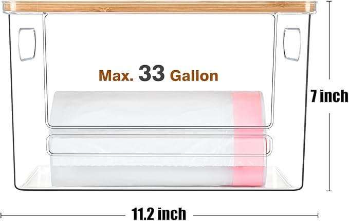 Trash Bag Dispenser 2 Pack, Acrylic Garbage Bags Dispenser with Bamboo Top, Extra Large Trash Bag Holder Dispensers Under Sink for Kitchen, Cabinet, Laundry Room, Pantry Organizer and Storage