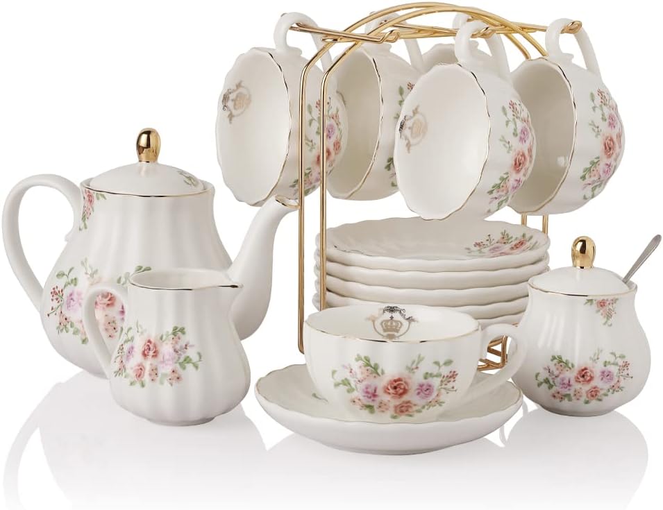Porcelain Tea Sets British Royal Series, 8 OZ Cups & Saucer Service for 6, with Teapot Sugar Bowl Cream Pitcher Teaspoons and Tea Strainer, Suitable for High Tea, Wedding, Party（Rose Flower）