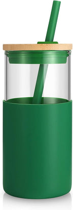 Tronco 16 oz Glass Tumbler with Straw and Bamboo Lid, Iced Coffee Cup Reusable, Smoothie Cups, Tumbler with Silicone Protective Sleeve - BPA Free