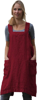 Women's Pinafore Square Apron Baking Cooking Gardening Works Cross Back Cotton/Linen Blend Dress with 2 Pockets