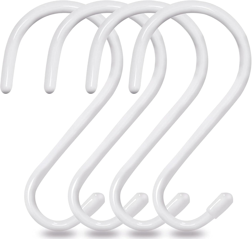 4 Pack Large S Hooks for Hanging Heavy Duty, 6 inch Non Slip Vinyl Coated Metal Closet S Hooks for Hanging Kitchen Utensil Pot Pan Cups Clothes Jeans Towels Hats Bags Plants (White)