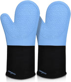 sungwoo Extra Long Silicone Oven Mitts, Heat Resistant Oven Gloves with Quilted Liner Non-Slip Textured Grip Perfect for BBQ, Baking, Cooking and Grilling - 1 Pair 14.6 Inch Sky Blue & Black