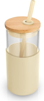 Tronco 16 oz Glass Tumbler with Straw and Bamboo Lid, Iced Coffee Cup Reusable, Smoothie Cups, Tumbler with Silicone Protective Sleeve - BPA Free