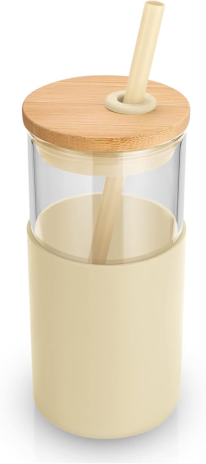 Tronco 16 oz Glass Tumbler with Straw and Bamboo Lid, Iced Coffee Cup Reusable, Smoothie Cups, Tumbler with Silicone Protective Sleeve - BPA Free