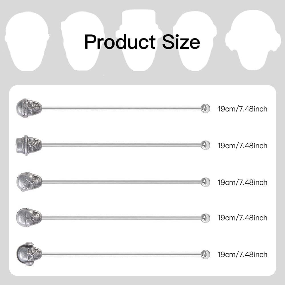 Skull Shape Swizzle Sticks, Reusable Stainless Steel Coffee Beverage Stirrers Cocktail, 5-Pack Drink Stir Sticks for Bar Party Home Office (Ancient Silver)