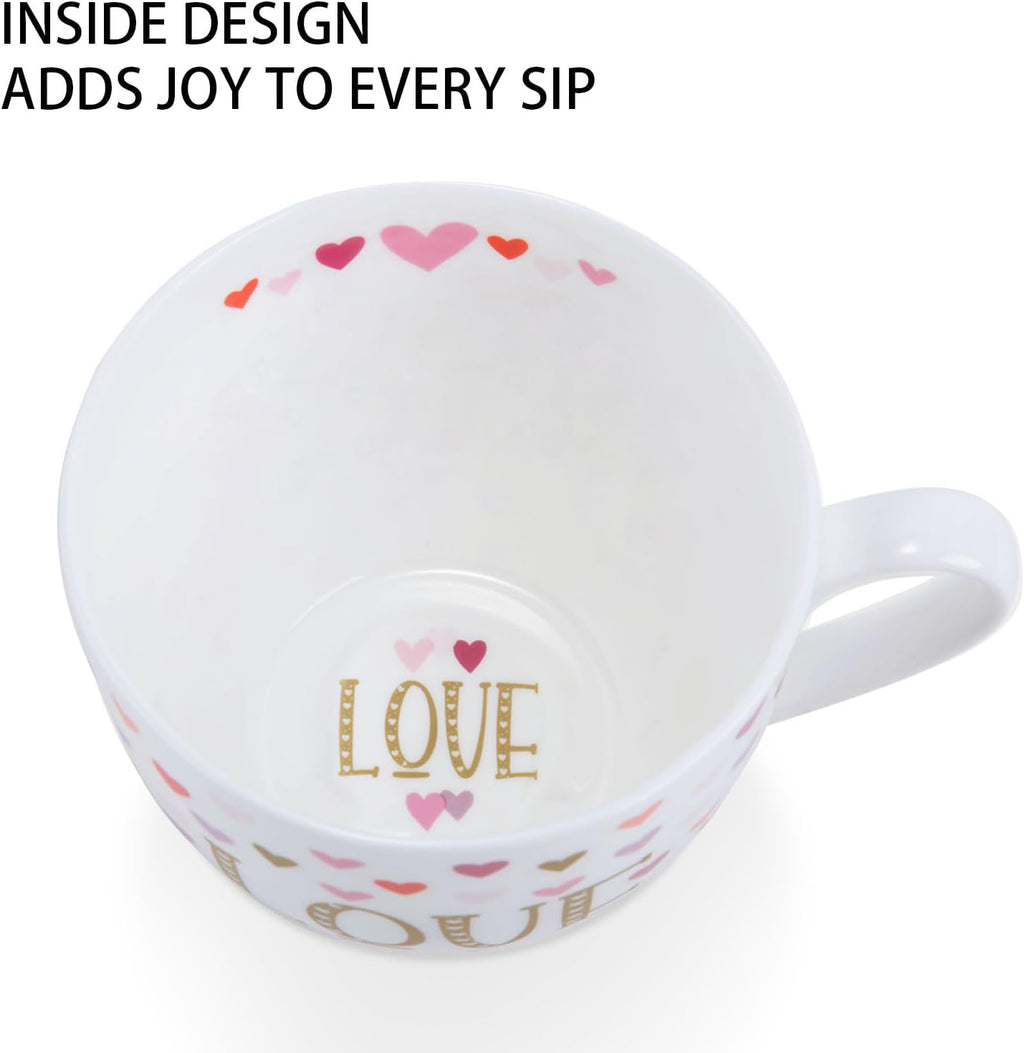 LOVE Mug with Hearts for Daily Coffee and Tea, Premium 20 oz Bone China Coffee Tea Hug Mug, Perfect Holiday, Valentine’s, and Birthday Gift for Loved Ones, Designed in England by Harvest Green Studio