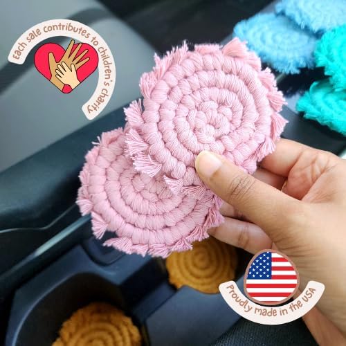 Cotton Car Coasters for Cup Holders, 2PC Car Cup Coasters, Drink Coaster Holder, Cute cupholder Coaster Accessories for Women, Macrame, Boho(Champagne Pink)