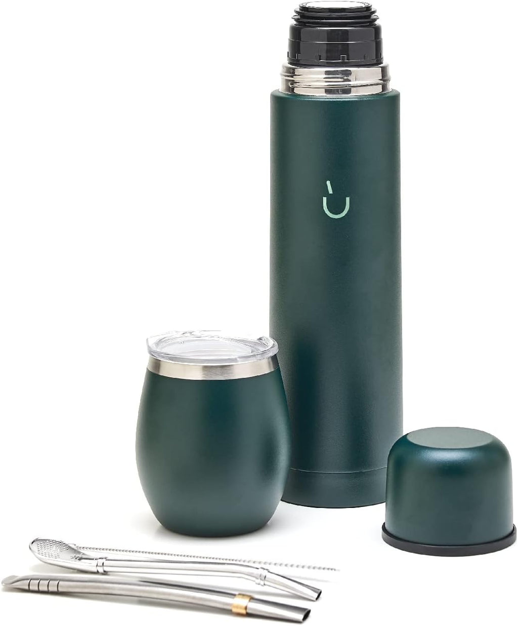 BALIBETOV Complete Yerba Mate Set - Modern Mate Gourd, Thermal Flask, Bombilla and Cleaning Brush Included - All Premium Quality 304 18/8 Stainless Stee (Green)