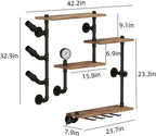 Wall Bar Shelves Industrial Pipe Shelving with 4 Stem Glass Holder, 4-Tiers Rustic Floating Wine Rack Wall Mounted Bar liquor Shelf, 42 in Hanging Wood Shelves Glass Rack, Living Room Kitchen Decor