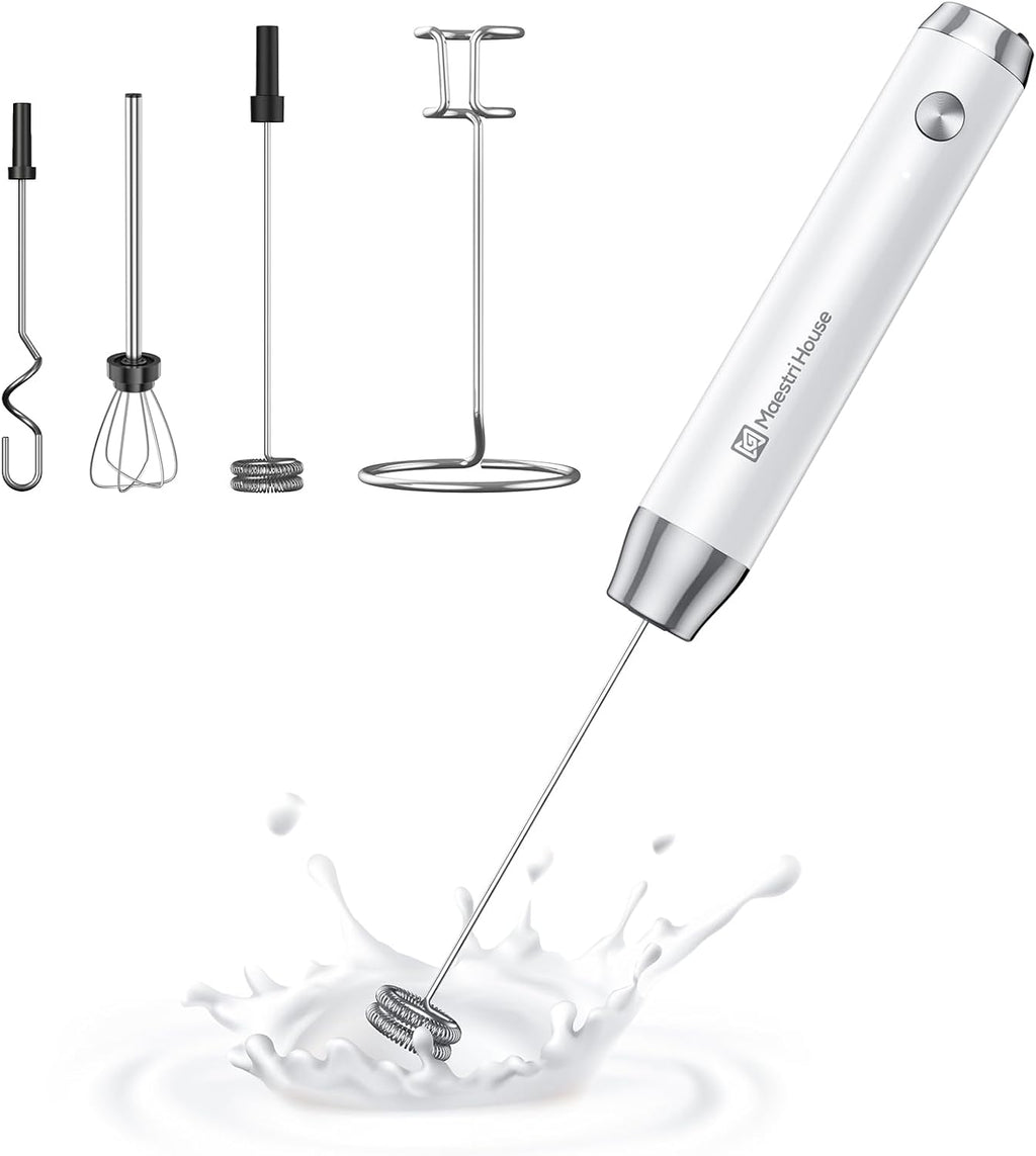 Maestri House Rechargeable Milk Frother with 3 Heads, LunaFro AS Handheld Electric Foam Maker Waterproof Detachable Stainless Steel Whisk Drink Mixer Foamer with Stand for Lattes, Cappuccino, Egg
