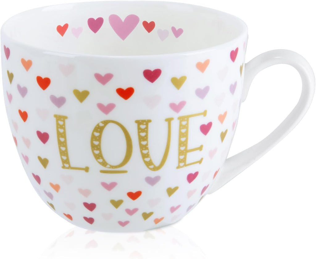 LOVE Mug with Hearts for Daily Coffee and Tea, Premium 20 oz Bone China Coffee Tea Hug Mug, Perfect Holiday, Valentine’s, and Birthday Gift for Loved Ones, Designed in England by Harvest Green Studio