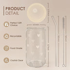 Heart 16oz Can Glass Tumbler with Acrylic Lid & Straw, Iced Coffee Cup for Women, Aesthetic Cups Gifts for Birthday Christmas Valentine