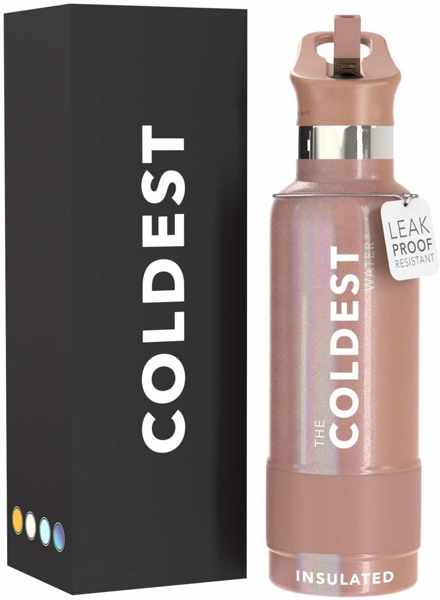 Coldest Insulated Water Bottle with Straw Lid - Stainless Steel Metal Insulated Bottle for Men & Women (Rose Gold Glitter, 21 oz)
