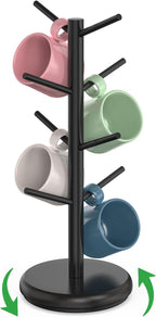 BAMBANG Coffee Mug Tree, 360° Rotating Bamboo Cup Holder Tree for Counter Top, Mug Rack with 8 Hooks, Mug Stand for Coffee Bar, Home, Black