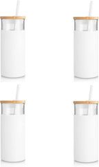 Tronco 20 oz Glass Tumbler Glass Water Bottle Straw Silicone Protective Sleeve Bamboo Lid - BPA Free -White/4 Pack