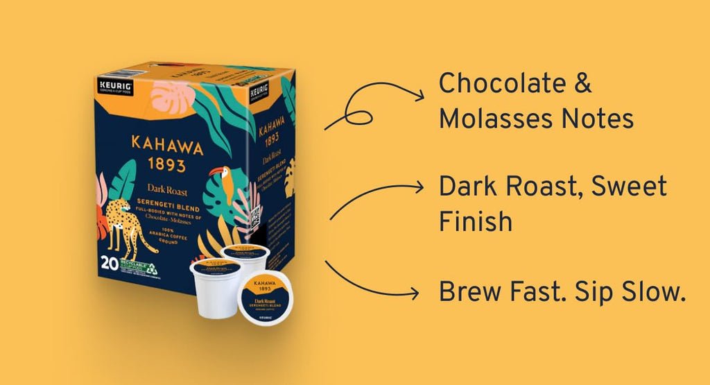 Kahawa 1893 Dark Roast Coffee K-Cup Pods Serengeti Blend (20 Count) - As Seen on Shark Tank, Low Acid, High Antioxidants, Naturally Sweet, Organically Grown, Ethically & Sustainably Sourced