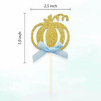 24pcs Pumpkin Cupcake Toppers, Fall Theme Cake Decoration for Baby Shower Party Supplies (Blue Bow)