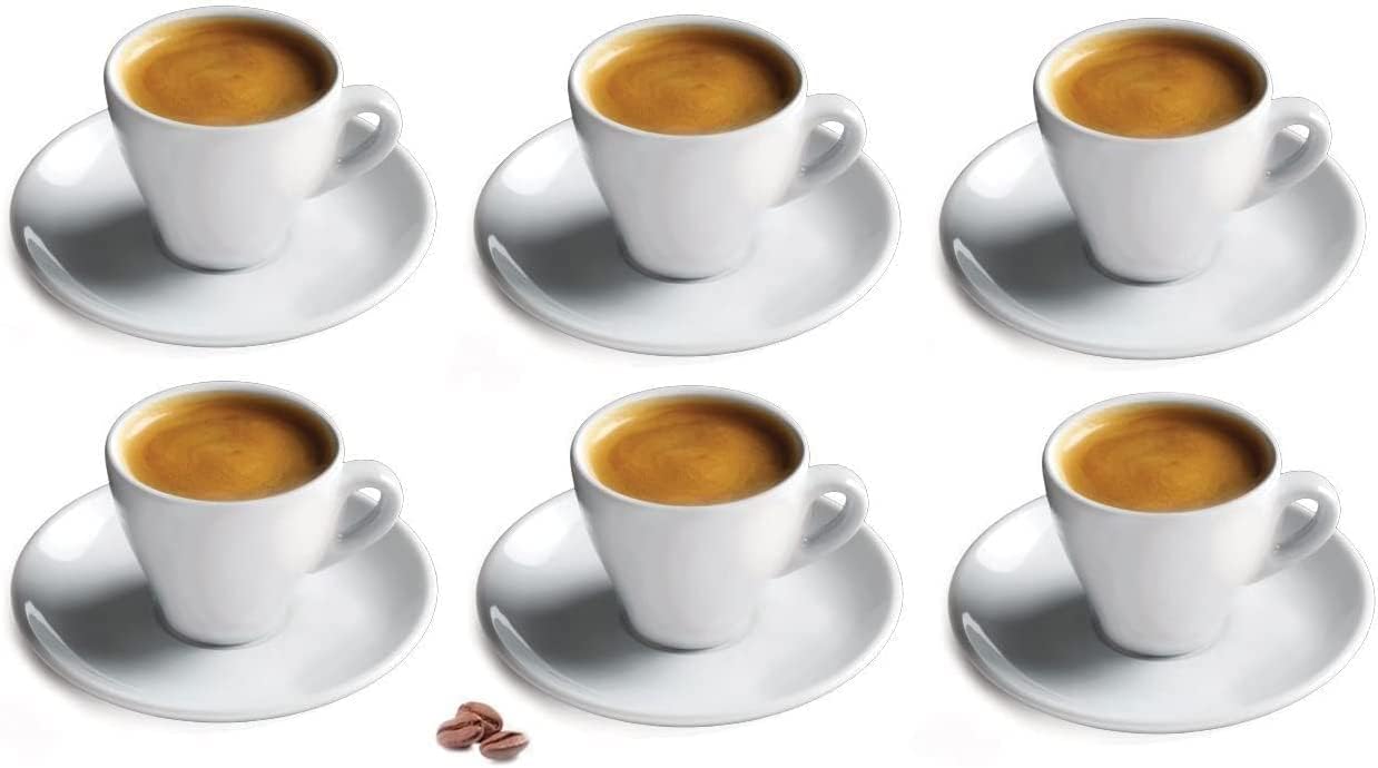CUISINOX Italian Classic White Porcelain Espresso Cups and Saucers – Set of 6, 2 oz – Coffee Cups for Espresso Shots, Cappuccino, Latte – Perfect for Home and Coffee Bar Accessories