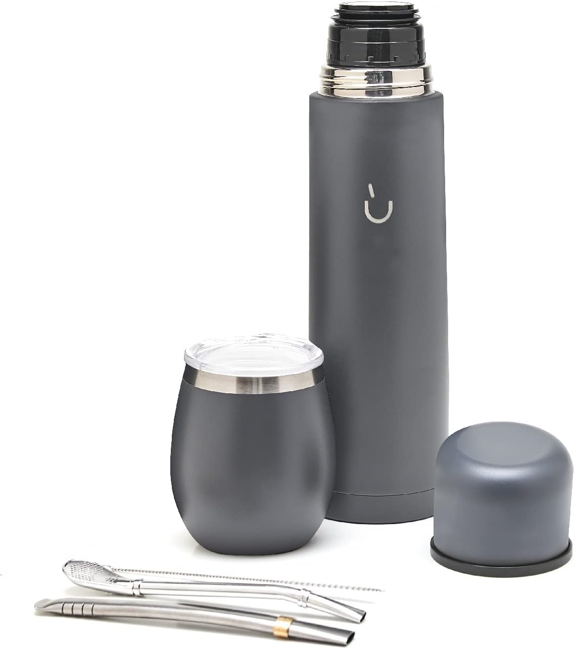 BALIBETOV Complete Yerba Mate Set - Modern Mate Gourd, Thermal Flask, Bombilla and Cleaning Brush Included - All Premium Quality 304 18/8 Stainless Steel (Gray)