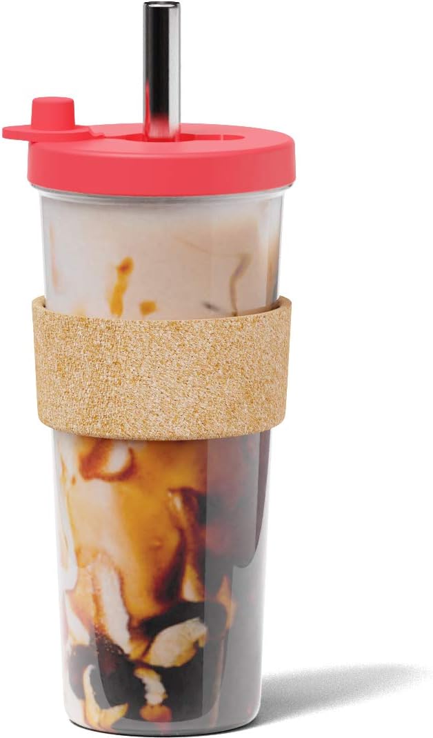 Dodoko Hot Pink Reusable Boba Tea Cup with Straw, 24 oz - Insulated BPA Free Shatterproof Tumbler for Iced Coffee, Smoothies, Cold Drinks - Dishwasher Safe, Includes Straw Cleaner