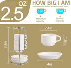 Sweejar Porcelain Espresso Cups with Saucers, 2.5 Ounce Stackable Cappuccino Cups with Metal Stand for Coffee Drinks, Latte, Tea - Set of 4 (White)